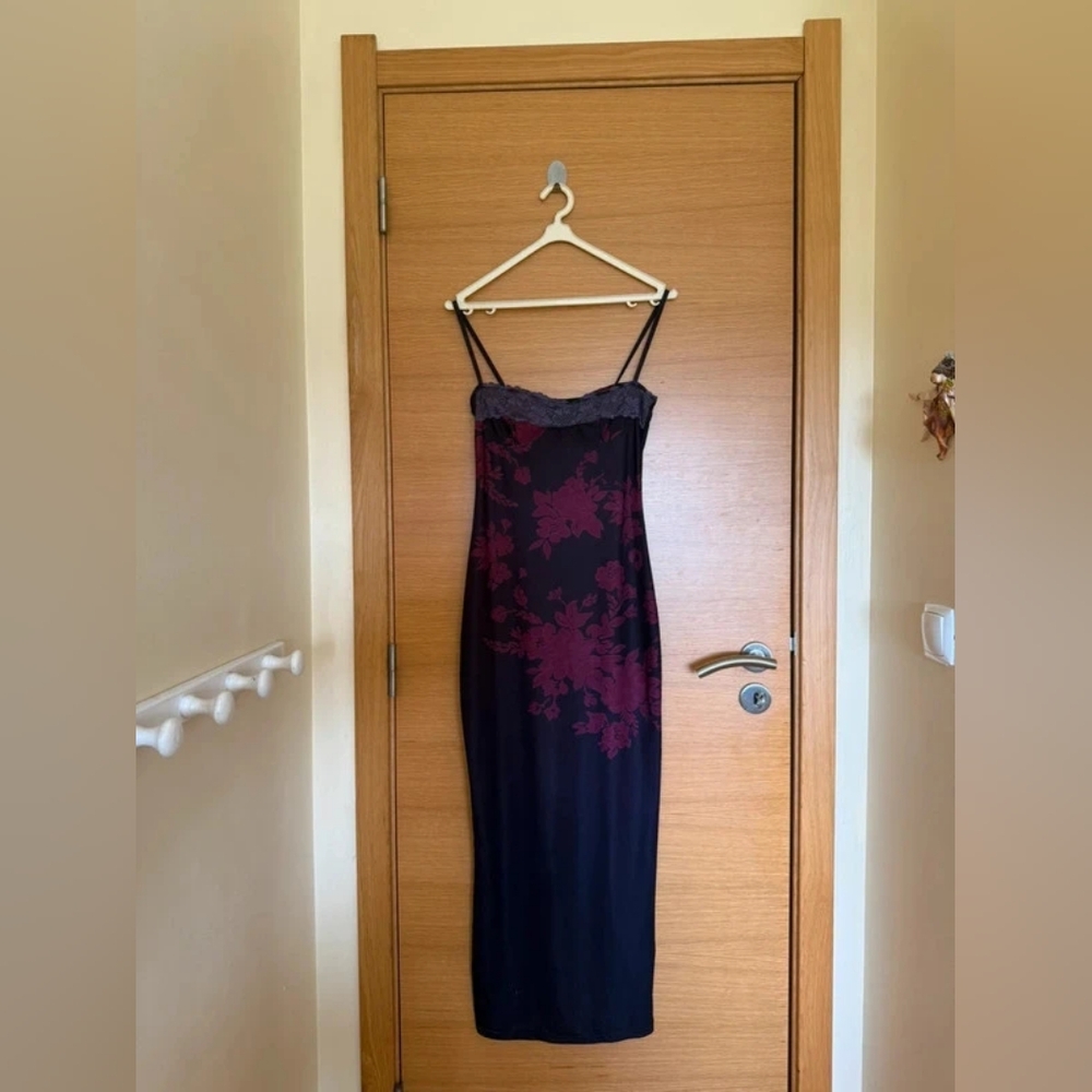 Strappy Black Dress with Burgundy Floral Detail